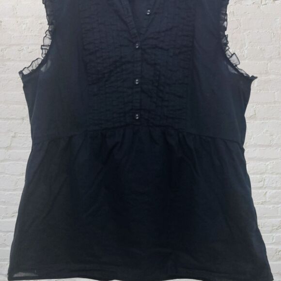 Converse One Star Top Size L Black Button Front Ruffle Sleeveless Cotton Blouse - Picture 9 of 16